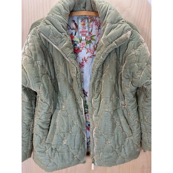 EUC Johnny Was Zaelia Lux Quilted Velvet Puffer Mint Green Coat Gold Trim XS/S - Picture 13 of 16